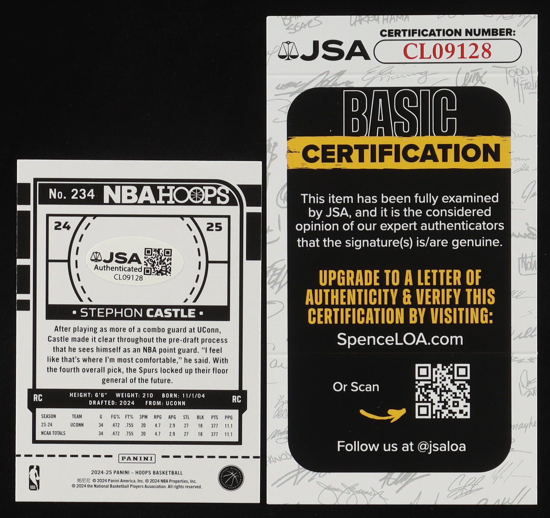 Stephon Castle Signed 2024-25 Panini Hoops 234 RC (JSA) at PristineAuction.com Stephon Castle Signed 2024-25 Panini Hoops 234 RC (JSA) at PristineAuction.com