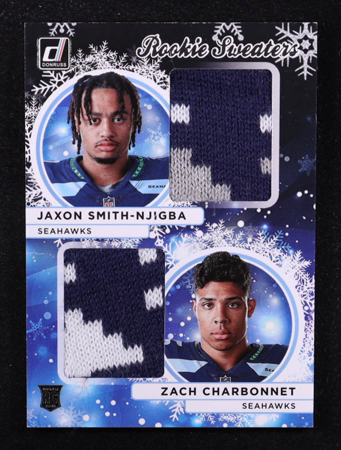 Jaxon Smith-Njigba / Zach Charbonnet 2023 Donruss Rookie Holiday Sweater Dual #6 RC at PristineAuction.com Jaxon Smith-Njigba / Zach Charbonnet 2023 Donruss Rookie Holiday Sweater Dual #6 RC at PristineAuction.com