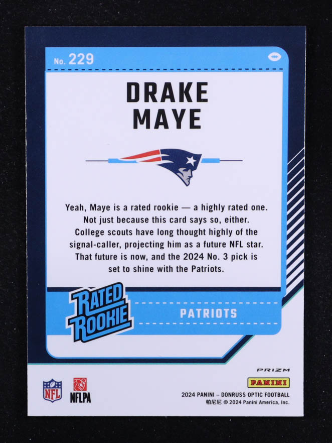 Drake Maye 2024 Donruss Optic Purple Shock #229 RR RC at PristineAuction.com Drake Maye 2024 Donruss Optic Purple Shock #229 RR RC at PristineAuction.com