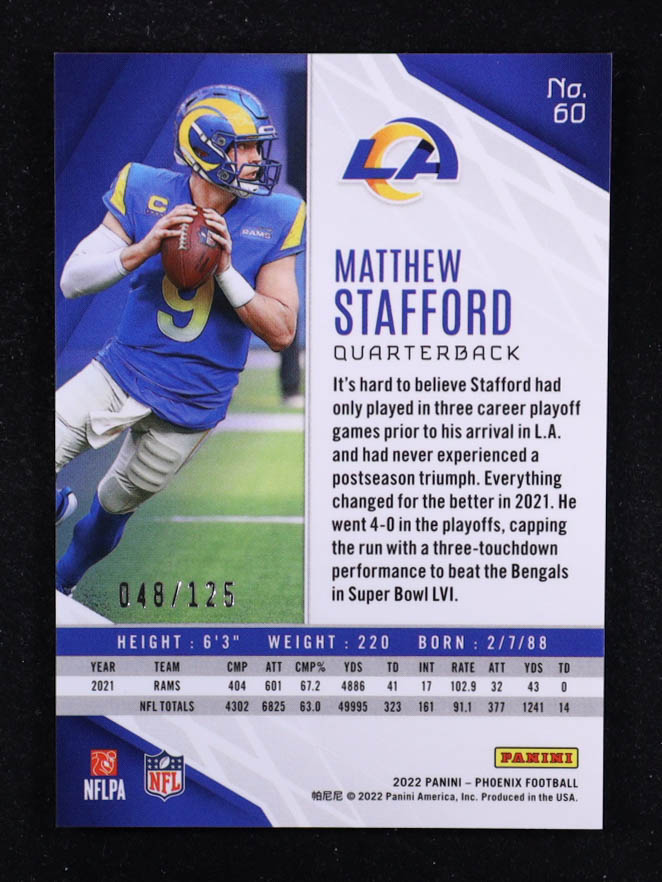 Matthew Stafford 2022 Panini Phoenix Red Lazer #60 #048/125 at PristineAuction.com Matthew Stafford 2022 Panini Phoenix Red Lazer #60 #048/125 at PristineAuction.com
