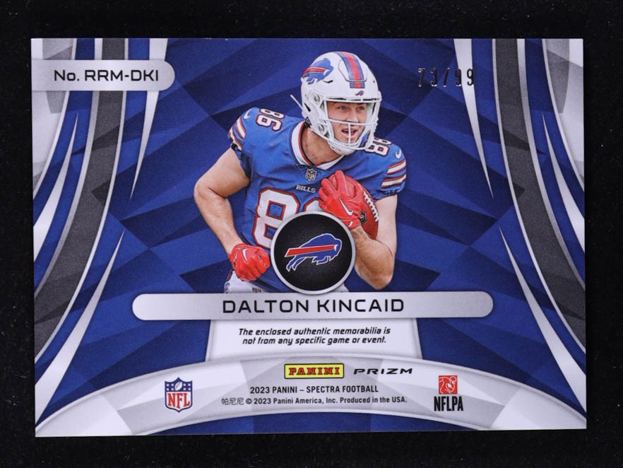 Dalton Kincaid 2023 Panini Spectra Rising Rookie Materials #27 #73/99 RC at PristineAuction.com Dalton Kincaid 2023 Panini Spectra Rising Rookie Materials #27 #73/99 RC at PristineAuction.com