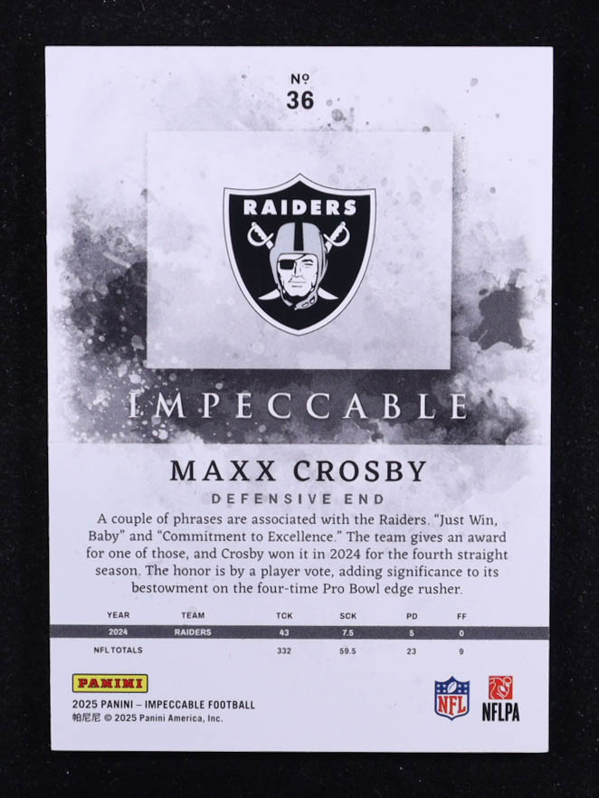 Maxx Crosby 2025 Panini Impeccable #36 #68/80 at PristineAuction.com Maxx Crosby 2025 Panini Impeccable #36 #68/80 at PristineAuction.com