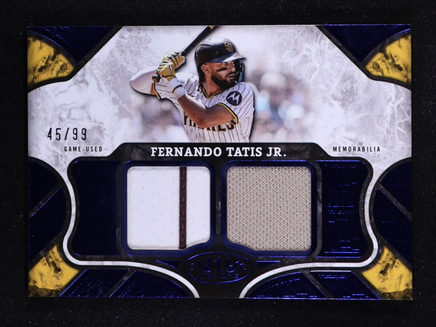 Fernando Tatis Jr. 2025 Topps Tier One Relics Blue Dual Relics #T1RFT #45/99 at PristineAuction.com Fernando Tatis Jr. 2025 Topps Tier One Relics Blue Dual Relics #T1RFT #45/99 at PristineAuction.com