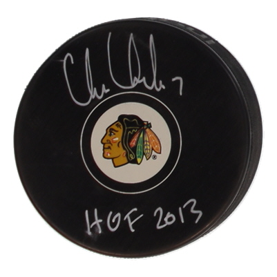 Chris Chelios Signed Blackhawks Logo Hockey Puck Inscribed "HOF 2013" (Schwartz) at PristineAuction.com Chris Chelios Signed Blackhawks Logo Hockey Puck Inscribed "HOF 2013" (Schwartz) at PristineAuction.com