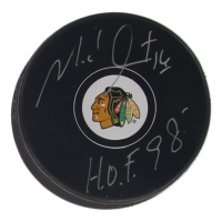 Michel Goulet Signed Blackhawks Logo Hockey Puck Inscribed "H.O.F. 98" (Schwartz) at PristineAuction.com