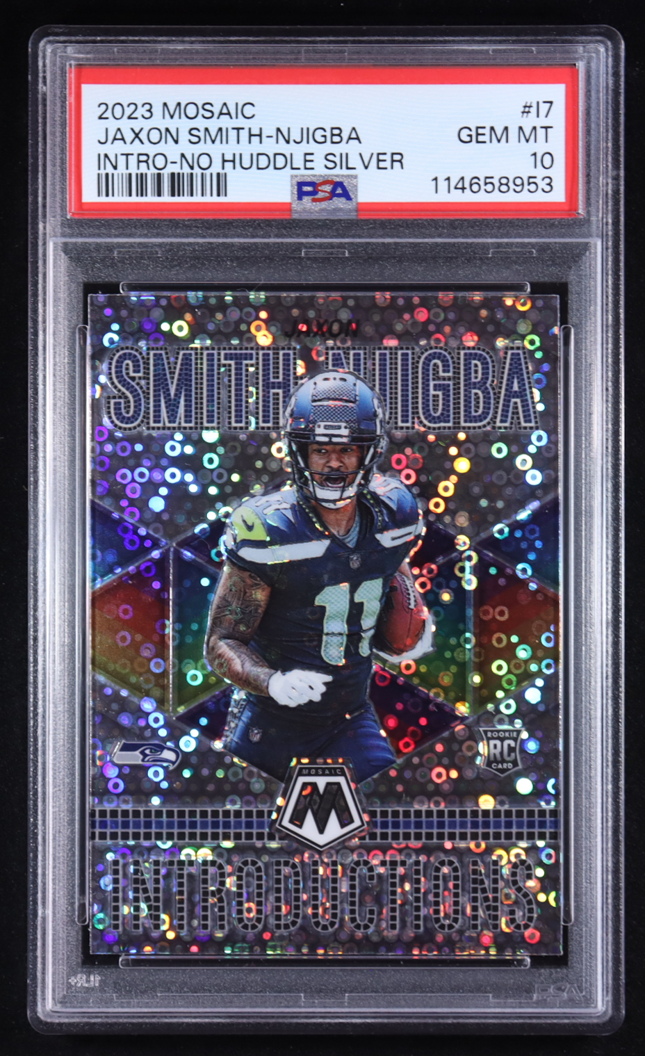Jaxon Smith-Njigba 2023 Panini Mosaic Introductions No Huddle Silver #7 RC (PSA 10) at PristineAuction.com Jaxon Smith-Njigba 2023 Panini Mosaic Introductions No Huddle Silver #7 RC (PSA 10) at PristineAuction.com