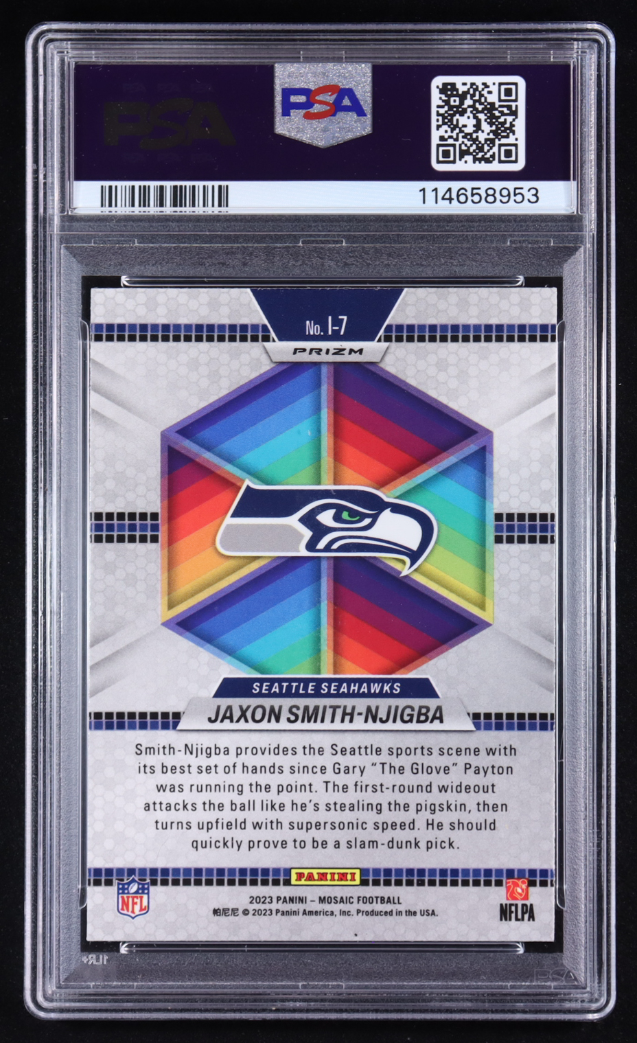 Jaxon Smith-Njigba 2023 Panini Mosaic Introductions No Huddle Silver #7 RC (PSA 10) at PristineAuction.com Jaxon Smith-Njigba 2023 Panini Mosaic Introductions No Huddle Silver #7 RC (PSA 10) at PristineAuction.com