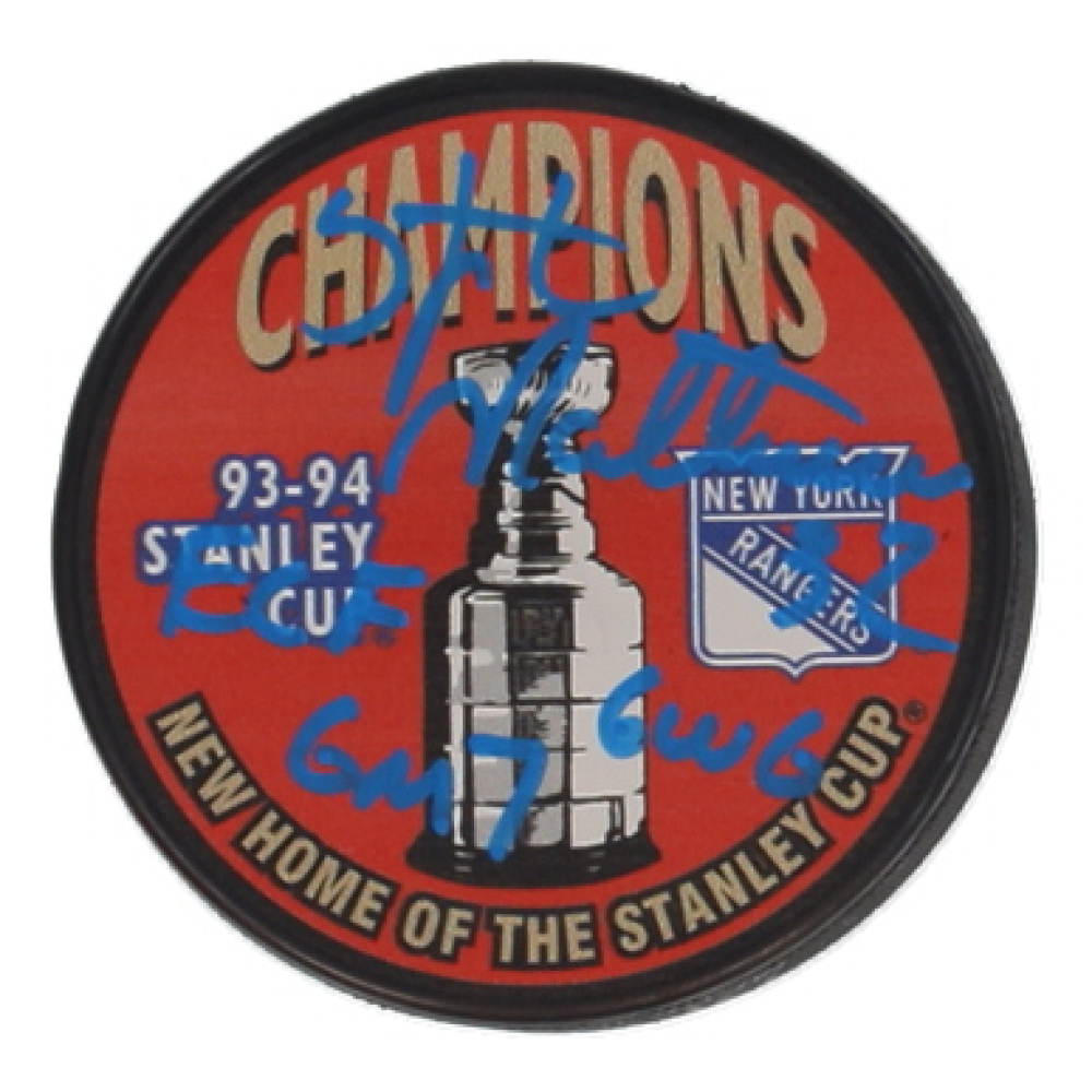 Stephane Matteau Signed Rangers 1993-94 Stanley Cup Champions Logo Hockey Puck Inscribed "ECF Gm 7 Gm 6" (Beckett) at PristineAuction.com