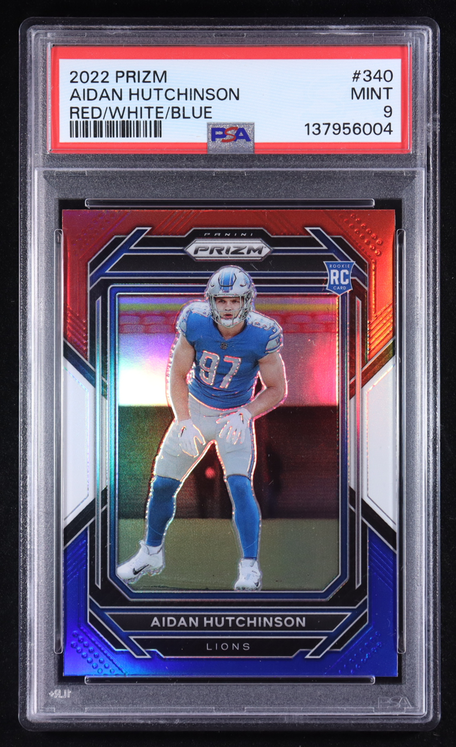 Aidan Hutchinson 2022 Panini Prizm Prizms Red White and Blue #340 RC (PSA 9) at PristineAuction.com Aidan Hutchinson 2022 Panini Prizm Prizms Red White and Blue #340 RC (PSA 9) at PristineAuction.com