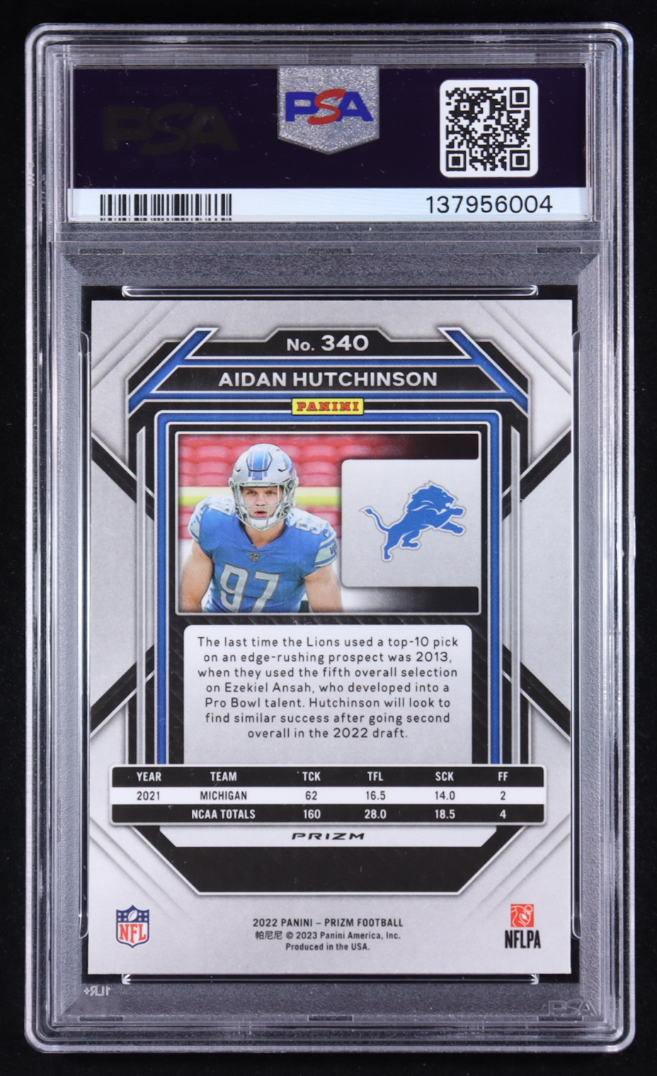 Aidan Hutchinson 2022 Panini Prizm Prizms Red White and Blue #340 RC (PSA 9) at PristineAuction.com Aidan Hutchinson 2022 Panini Prizm Prizms Red White and Blue #340 RC (PSA 9) at PristineAuction.com