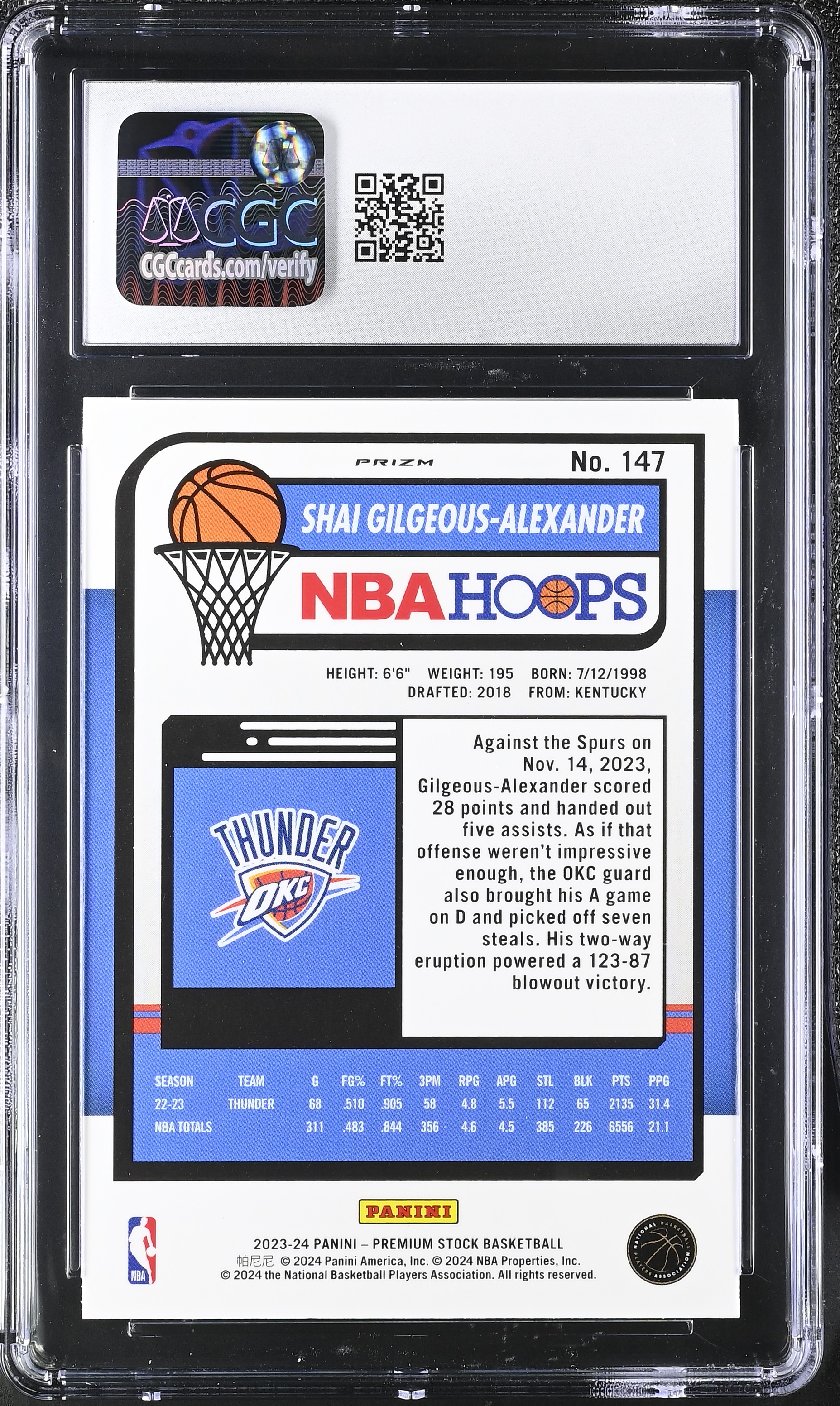 Shai Gilgeous-Alexander 2023-24 Hoops Premium Stock Ice Prizm #147 (CGC 7) at PristineAuction.com Shai Gilgeous-Alexander 2023-24 Hoops Premium Stock Ice Prizm #147 (CGC 7) at PristineAuction.com