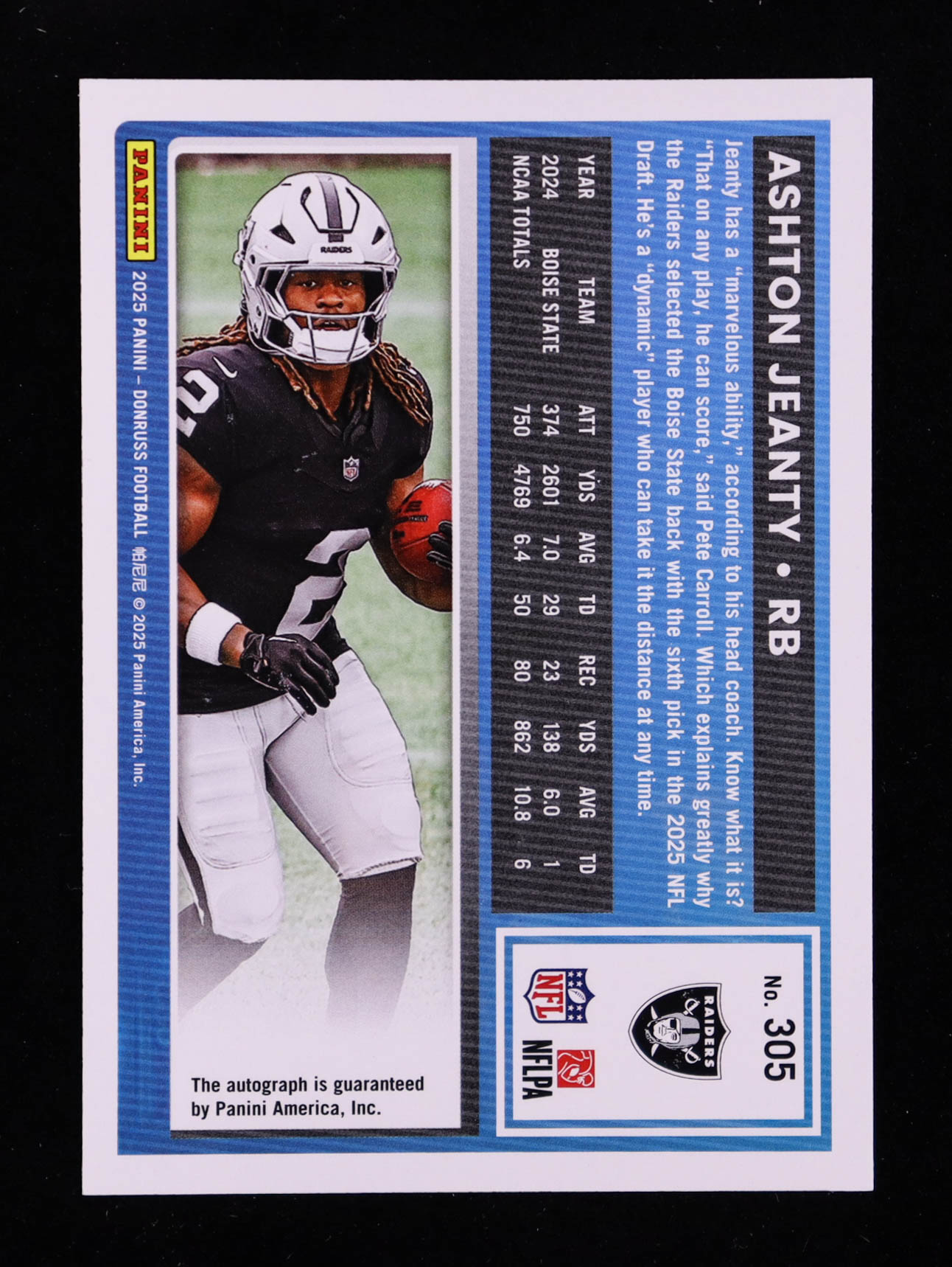 Ashton Jeanty 2025 Donruss Rated Rookies Autographs Green #305 RC at PristineAuction.com Ashton Jeanty 2025 Donruss Rated Rookies Autographs Green #305 RC at PristineAuction.com