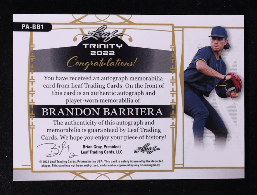 Brandon Barriera 2022 Leaf Trinity Player Patch XRC #301 RC #23/50 at PristineAuction.com Brandon Barriera 2022 Leaf Trinity Player Patch XRC #301 RC #23/50 at PristineAuction.com