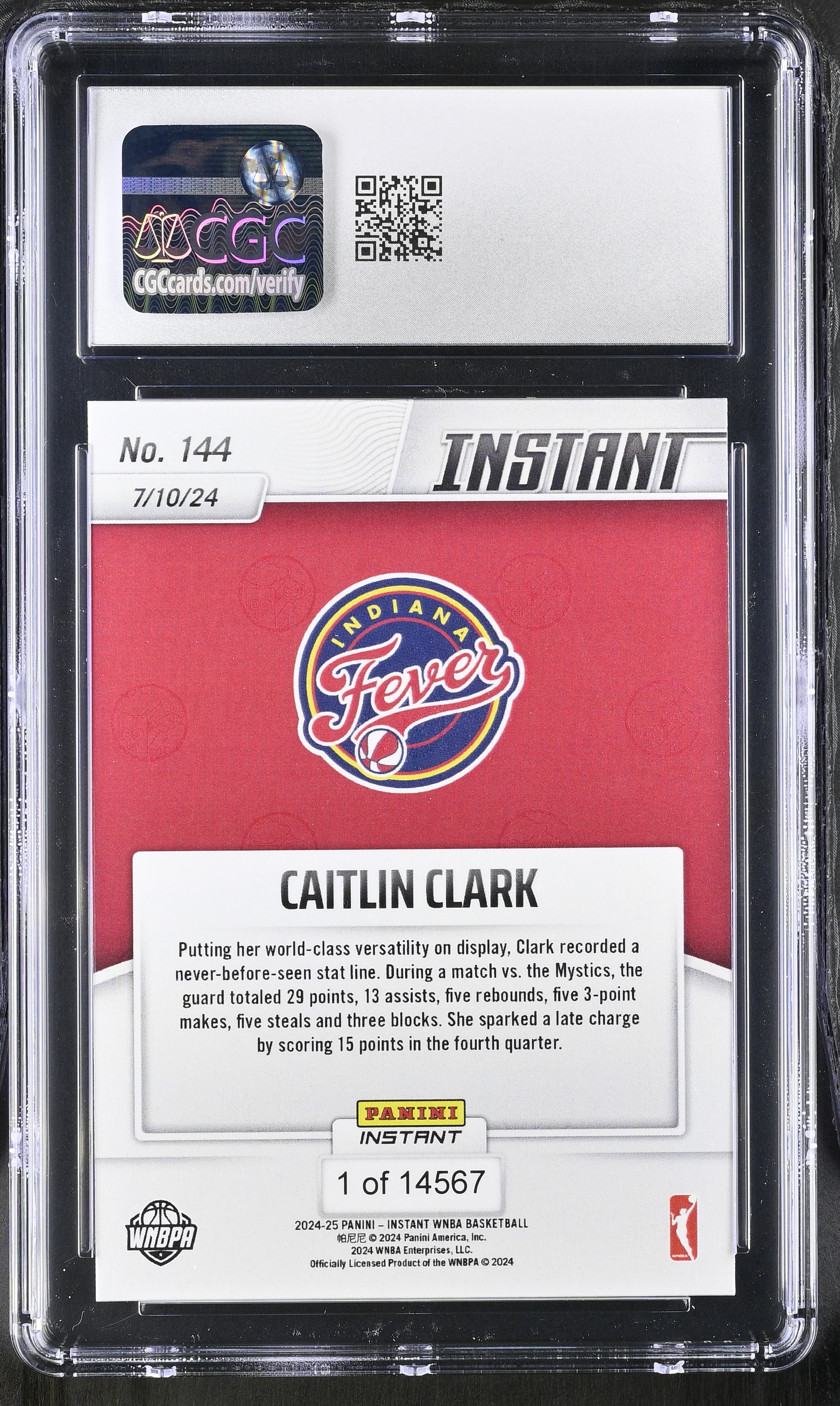Caitlin Clark 2024-25 Panini Instant WNBA #144 RC (CGC GEM MINT 10) at PristineAuction.com Caitlin Clark 2024-25 Panini Instant WNBA #144 RC (CGC GEM MINT 10) at PristineAuction.com