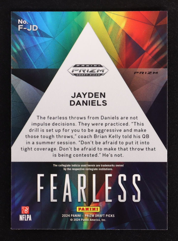 Jayden Daniels 2024 Panini Prizm Fearless Red Ice #F-JD RC at PristineAuction.com Jayden Daniels 2024 Panini Prizm Fearless Red Ice #F-JD RC at PristineAuction.com