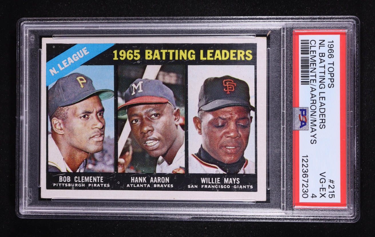 Roberto Clemente / Hank Aaron / Willie Mays 1966 Topps #215 NL Batting Leaders (PSA 4) at PristineAuction.com Roberto Clemente / Hank Aaron / Willie Mays 1966 Topps #215 NL Batting Leaders (PSA 4) at PristineAuction.com