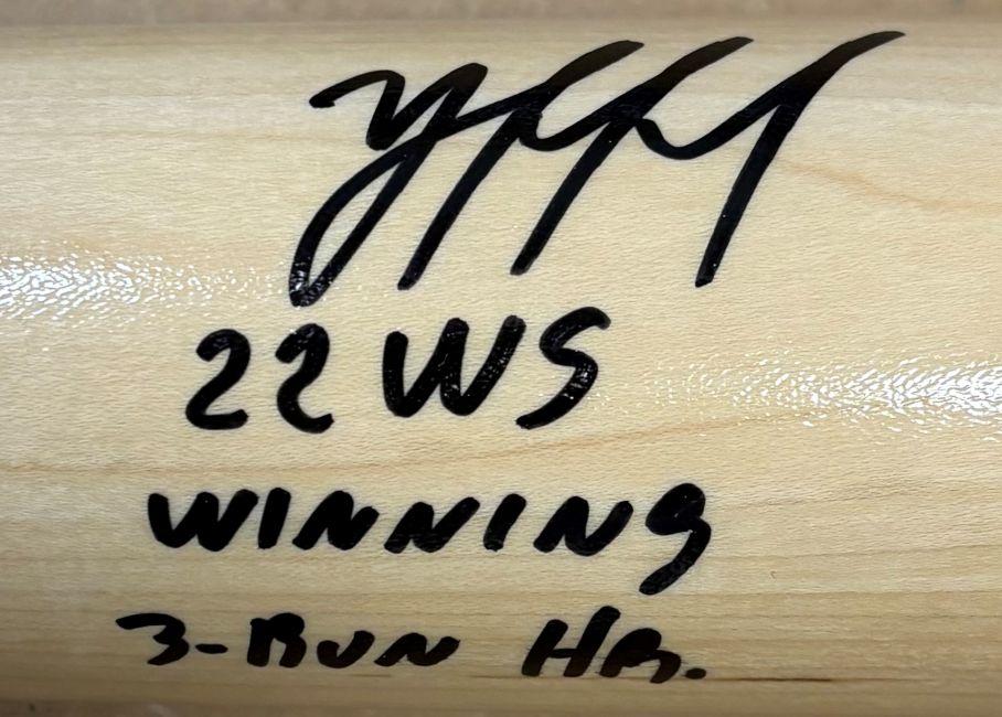 Yordan Alvarez Signed Louisville Slugger Baseball Bat Inscribed "22 WS Winning 3-Run HR" (Beckett) at PristineAuction.com Yordan Alvarez Signed Louisville Slugger Baseball Bat Inscribed "22 WS Winning 3-Run HR" (Beckett) at PristineAuction.com