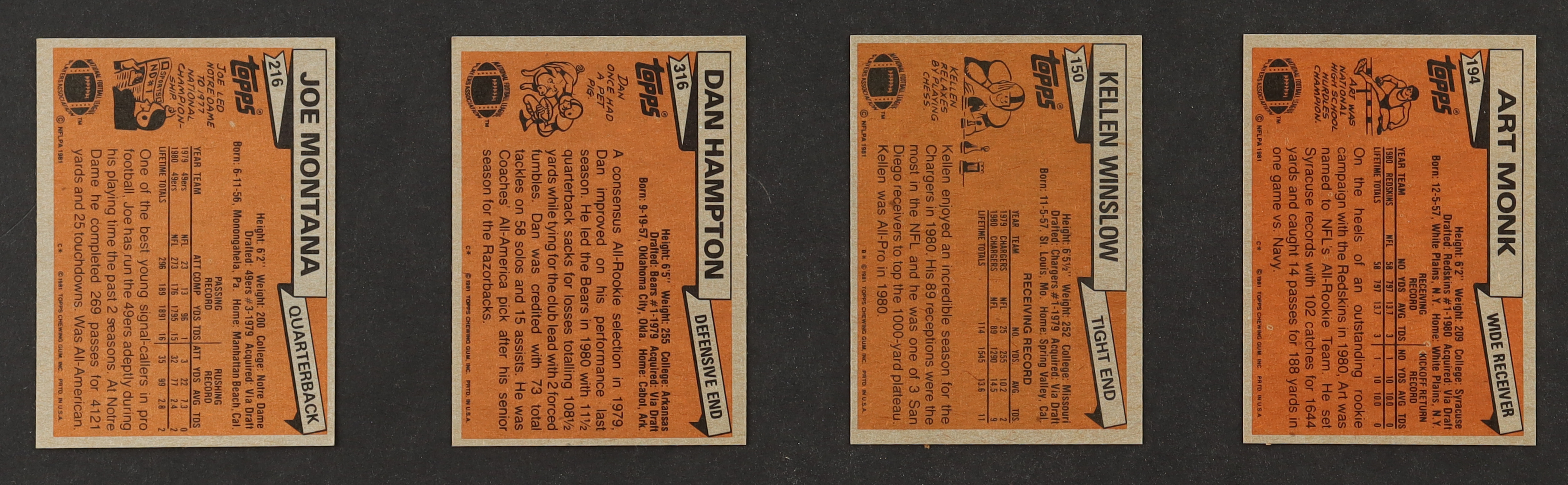 1981 Topps Football Complete Set of (528) Cards with Joe Montana #216 RC, Art Monk #194 RC, Walter Payton #400, Kellen Winslow #150 RC at PristineAuction.com 1981 Topps Football Complete Set of (528) Cards with Joe Montana #216 RC, Art Monk #194 RC, Walter Payton #400, Kellen Winslow #150 RC at PristineAuction.com