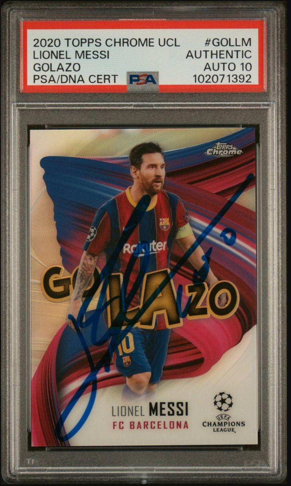 Lionel Messi Signed 2020-21 Topps Chrome UEFA Champions League Golazo #GOLLM (PSA | Auto 10) at PristineAuction.com Lionel Messi Signed 2020-21 Topps Chrome UEFA Champions League Golazo #GOLLM (PSA | Auto 10) at PristineAuction.com