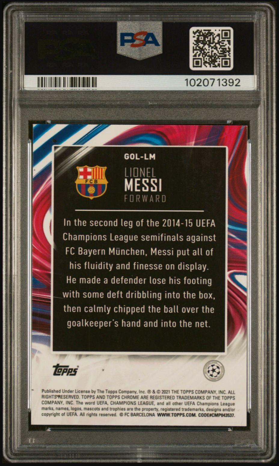 Lionel Messi Signed 2020-21 Topps Chrome UEFA Champions League Golazo #GOLLM (PSA | Auto 10) at PristineAuction.com Lionel Messi Signed 2020-21 Topps Chrome UEFA Champions League Golazo #GOLLM (PSA | Auto 10) at PristineAuction.com