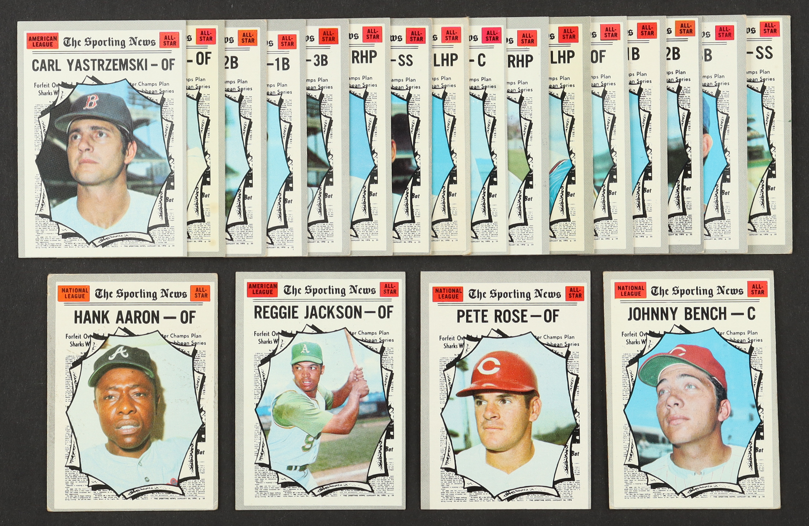 1970 Topps Baseball All-Star Insert Complete Set (20) Cards with Johnny Bench #464, Pete Rose #458, Reggie Jackson #459, Hank Aaron #462 at PristineAuction.com 1970 Topps Baseball All-Star Insert Complete Set (20) Cards with Johnny Bench #464, Pete Rose #458, Reggie Jackson #459, Hank Aaron #462 at PristineAuction.com