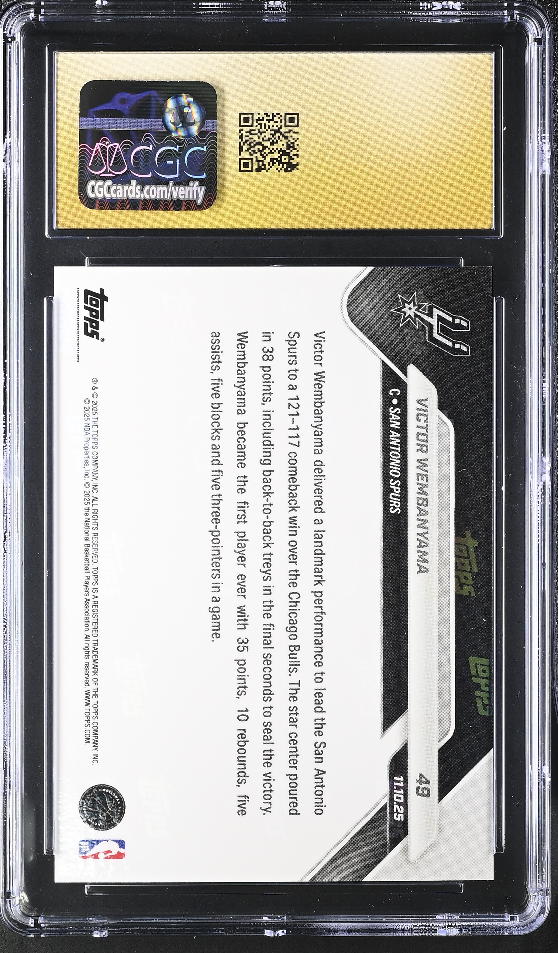 Victor Wembanyama 2025-26 Topps Now #49 (CGC 10 | Pristine Black Label) at PristineAuction.com Victor Wembanyama 2025-26 Topps Now #49 (CGC 10 | Pristine Black Label) at PristineAuction.com