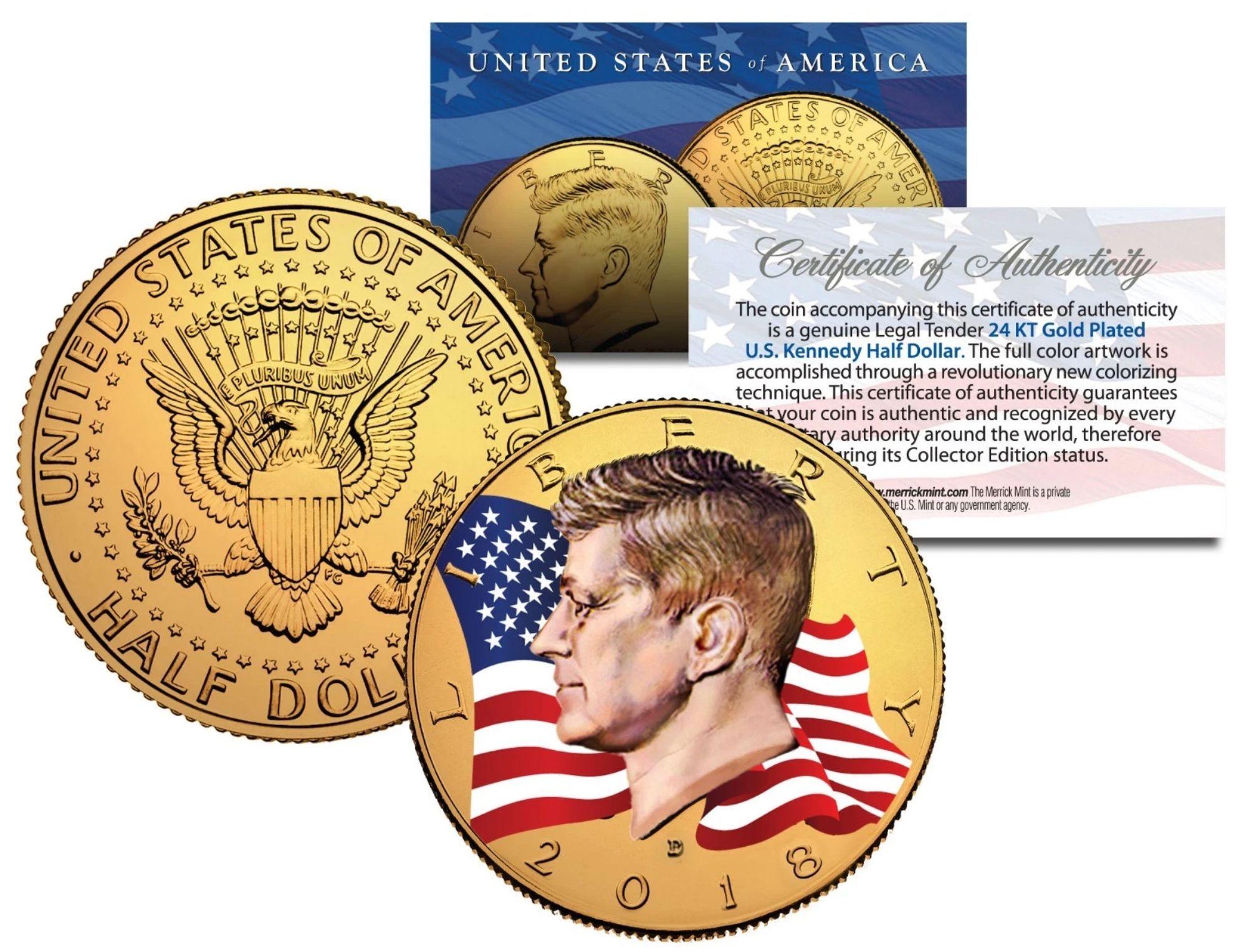 2018-D Waving Flag 24K Gold Plated John F. Kennedy Half Dollar Coin at PristineAuction.com 2018-D Waving Flag 24K Gold Plated John F. Kennedy Half Dollar Coin at PristineAuction.com
