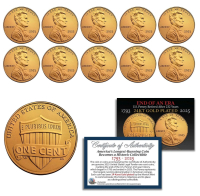 Set of (10) 2025 US Penny Uncirculated 24K Gold Plated Coins at PristineAuction.com
