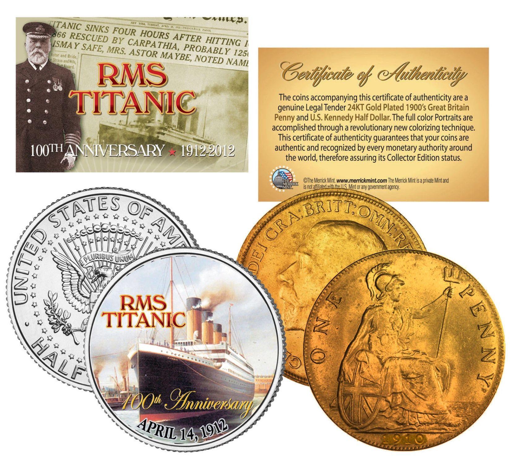 1900's Genuine Titanic 100th Anniversary Set of (2) 24K Gold UK Penny & US JFK Coins at PristineAuction.com 1900's Genuine Titanic 100th Anniversary Set of (2) 24K Gold UK Penny & US JFK Coins at PristineAuction.com