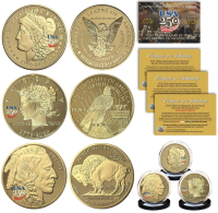 USA 250th Anniversary Set of (3) Morgan, Peace & Buffalo 1 OZ Golden Proof Coins at PristineAuction.com