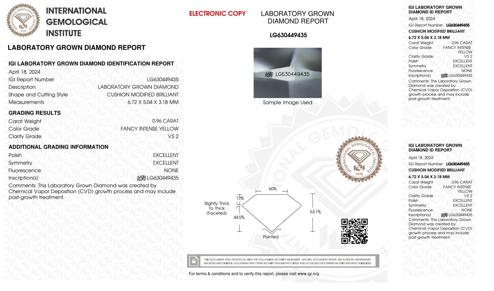 .96 Carats Lab Grown FANCY INTENSE YELLOW Diamond Loose VS2 | IGI Cert at PristineAuction.com .96 Carats Lab Grown FANCY INTENSE YELLOW Diamond Loose VS2 | IGI Cert at PristineAuction.com