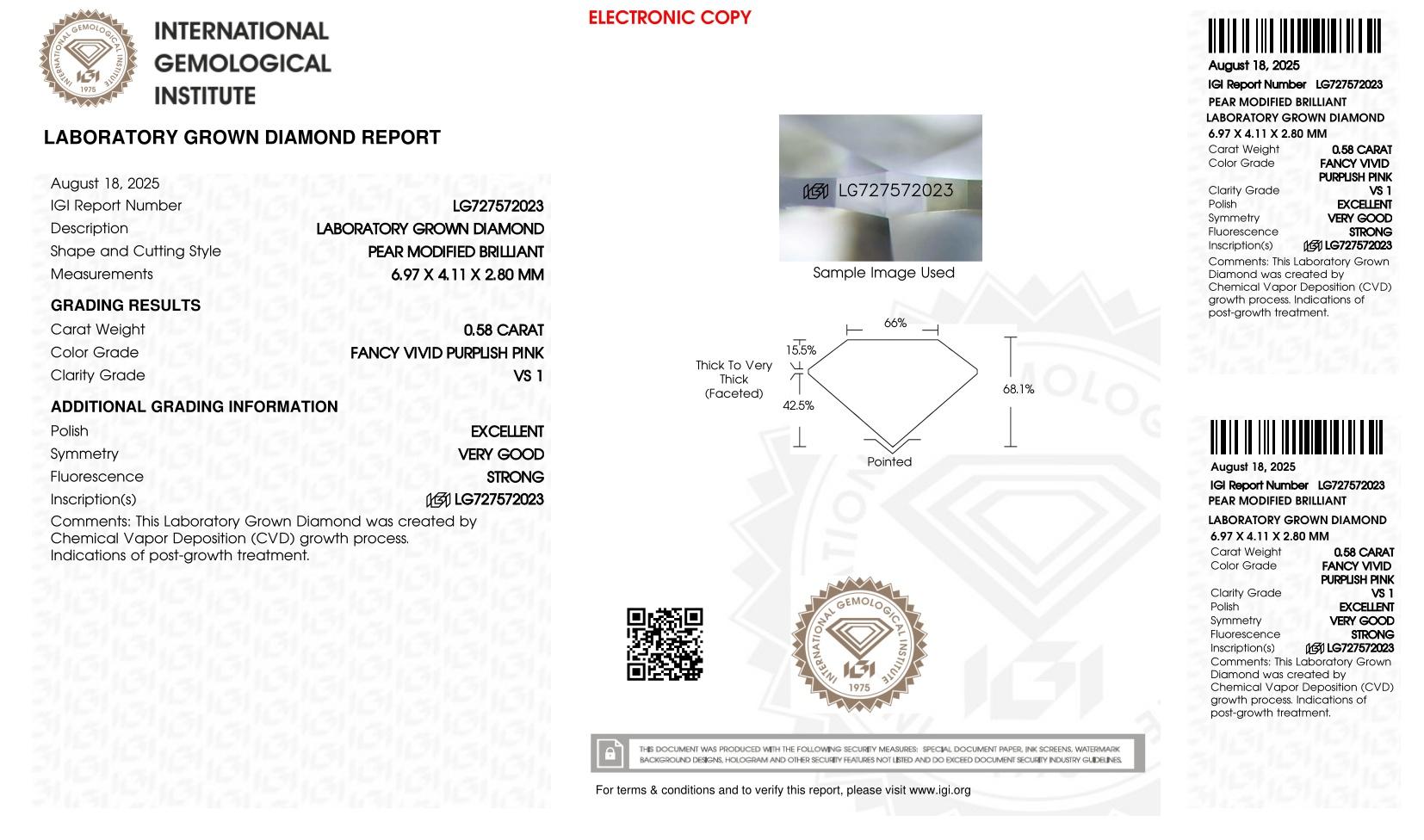 .58 Carats Lab Grown FANCY VIVID PURPLISH PINK Diamond Loose VS1 | IGI Cert at PristineAuction.com .58 Carats Lab Grown FANCY VIVID PURPLISH PINK Diamond Loose VS1 | IGI Cert at PristineAuction.com