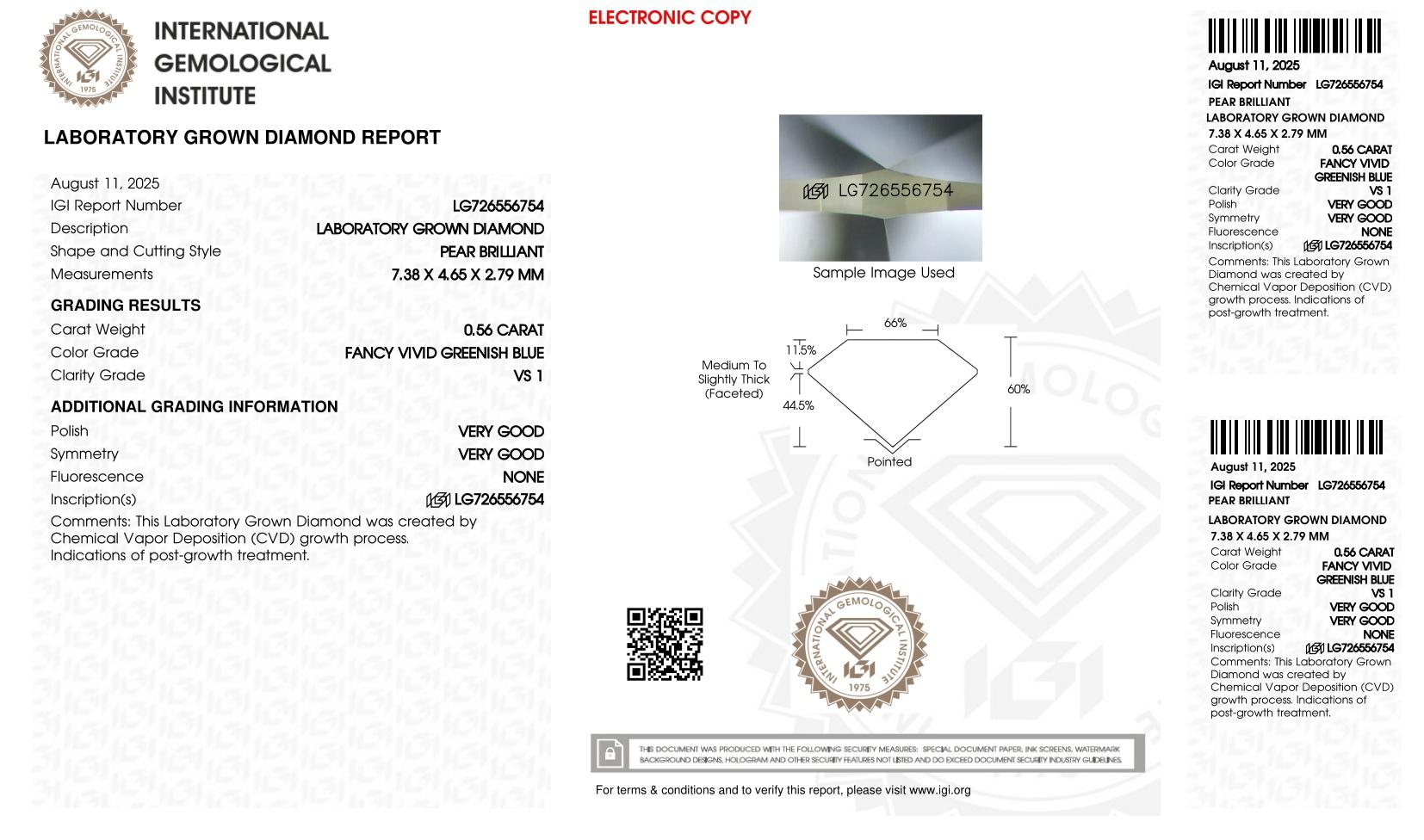 .56 Carats Lab Grown FANCY VIVID GREENISH BLUE Diamond Loose VS1 | IGI Cert at PristineAuction.com .56 Carats Lab Grown FANCY VIVID GREENISH BLUE Diamond Loose VS1 | IGI Cert at PristineAuction.com