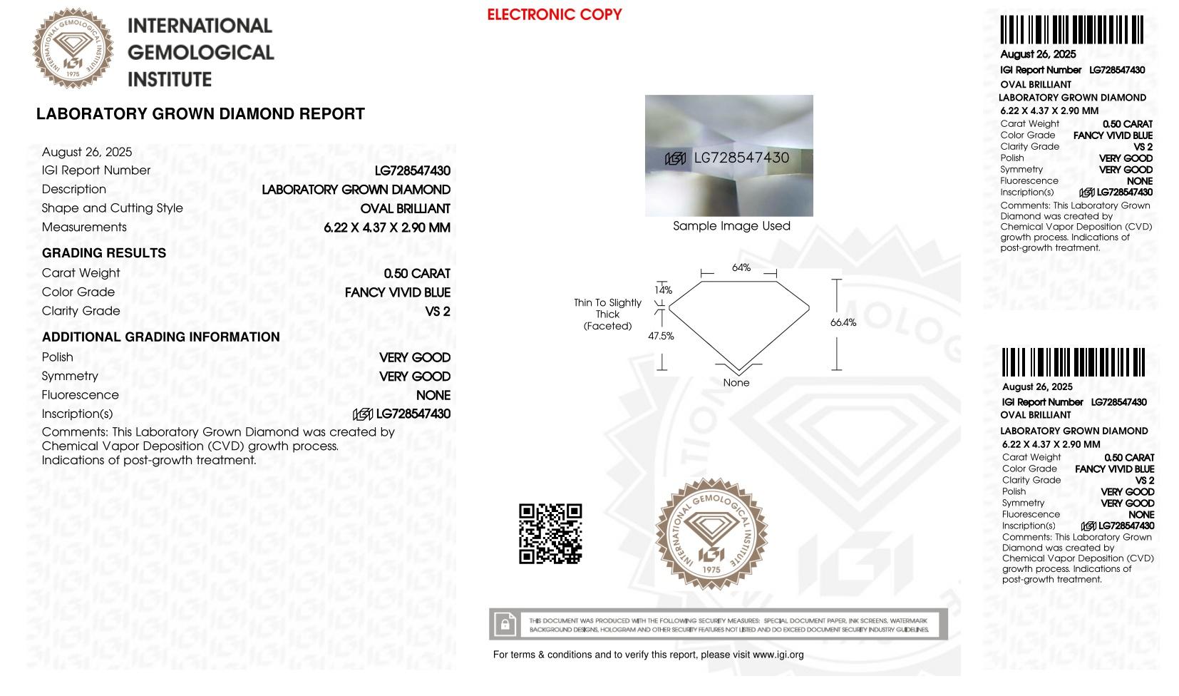 .50 Carats Lab Grown FANCY VIVID BLUE Diamond Loose VS2 | IGI Cert at PristineAuction.com .50 Carats Lab Grown FANCY VIVID BLUE Diamond Loose VS2 | IGI Cert at PristineAuction.com