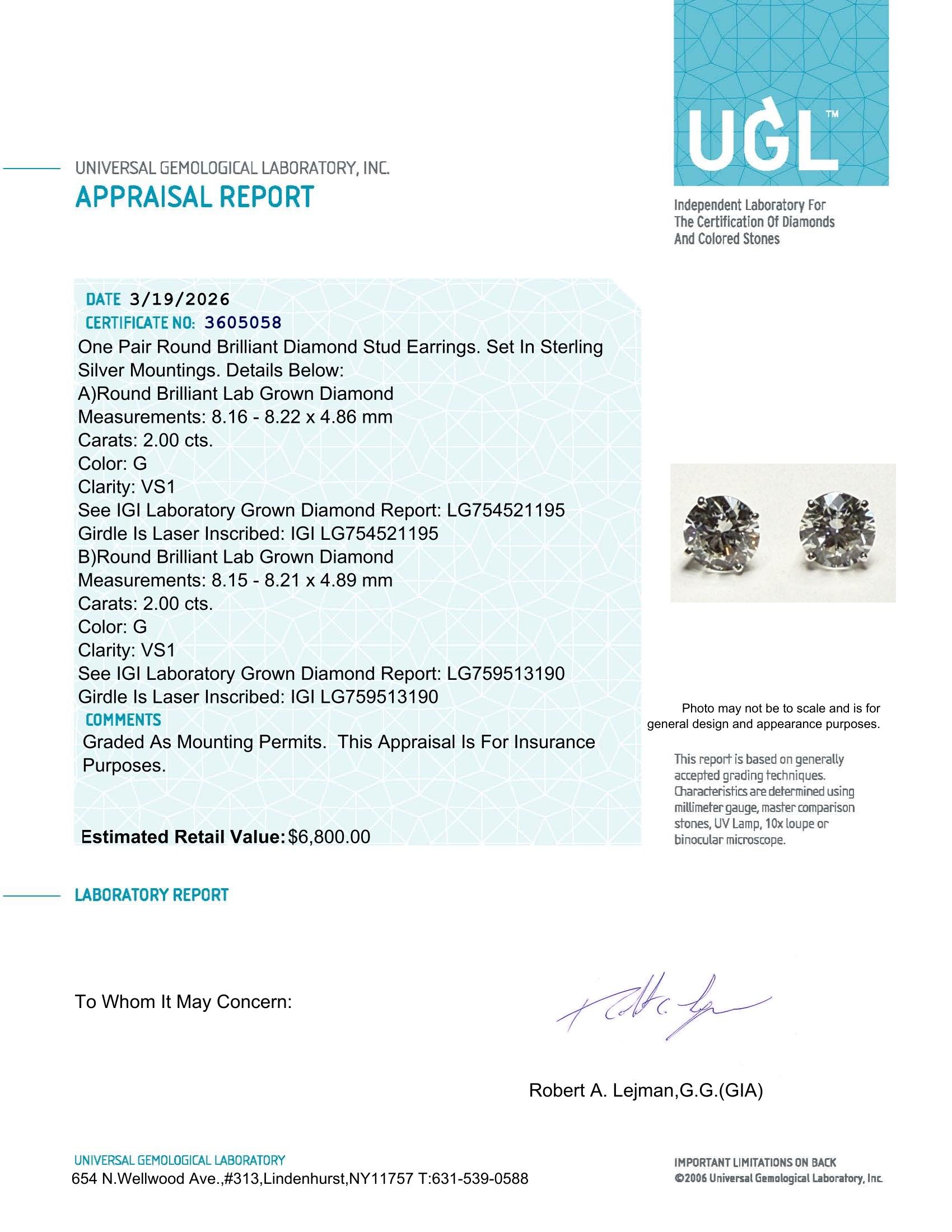 4.00 Carats Lab Grown Diamond Stud Earrings G, VS1 | $6,800 Estimated Retail Value (UGL & IGI Certs) | Round Cut| Brand New at PristineAuction.com 4.00 Carats Lab Grown Diamond Stud Earrings G, VS1 | $6,800 Estimated Retail Value (UGL & IGI Certs) | Round Cut| Brand New at PristineAuction.com