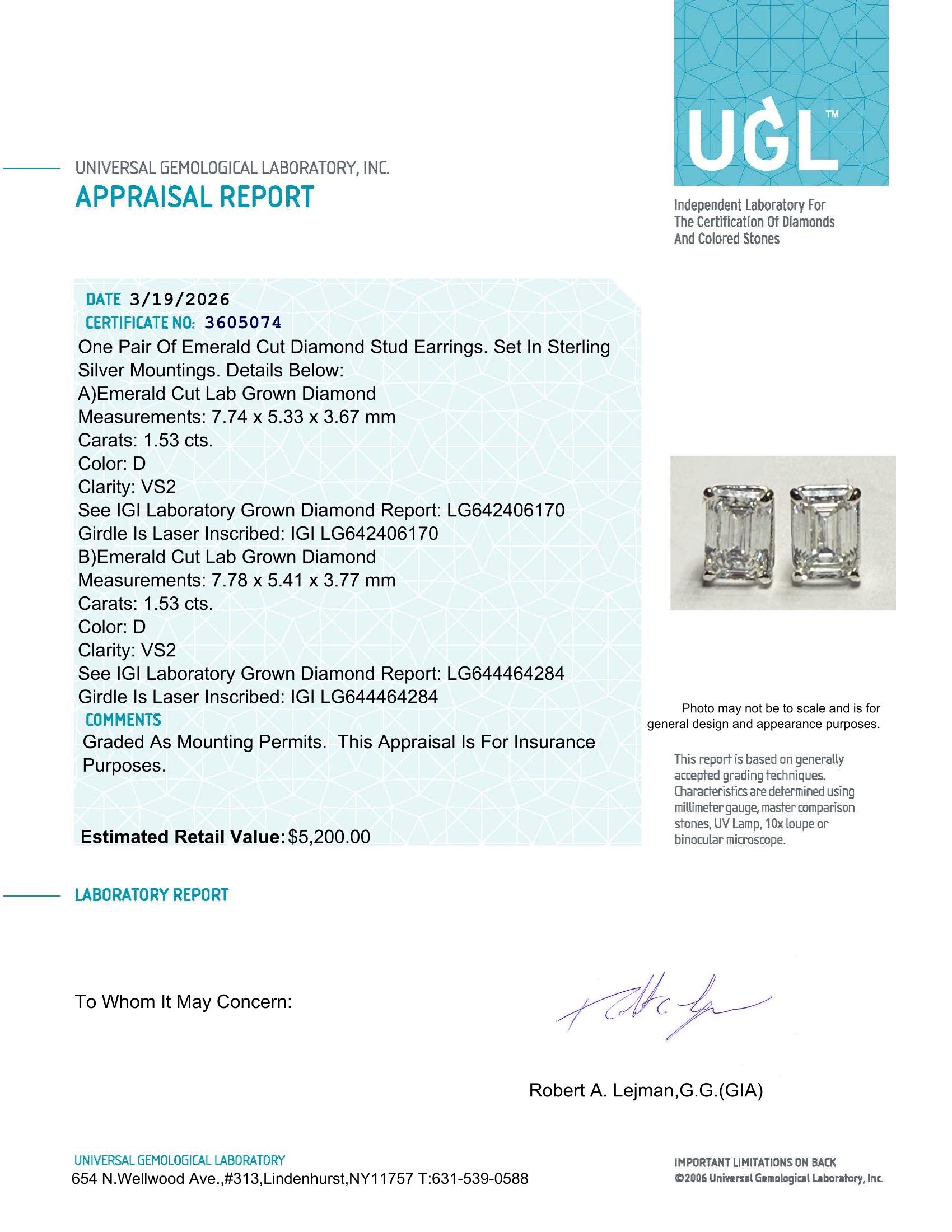 3.06 Carats Lab Grown Diamond Stud Earrings D, VS2 | $5,200 Estimated Retail Value (UGL & IGI Certs) | Emerald Cut| Brand New at PristineAuction.com 3.06 Carats Lab Grown Diamond Stud Earrings D, VS2 | $5,200 Estimated Retail Value (UGL & IGI Certs) | Emerald Cut| Brand New at PristineAuction.com