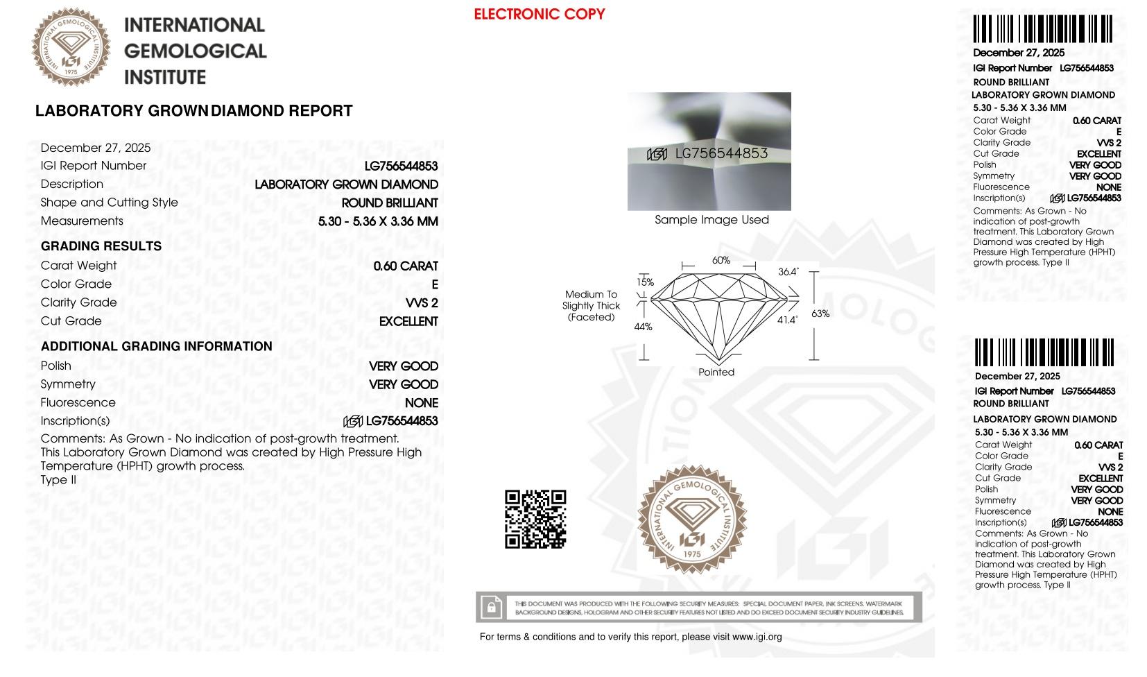 .60 Carats Lab Grown Diamond Loose E, VVS2 | IGI Cert at PristineAuction.com .60 Carats Lab Grown Diamond Loose E, VVS2 | IGI Cert at PristineAuction.com