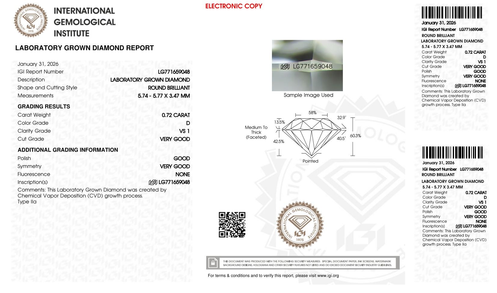 .72 Carats Lab Grown Diamond Loose D, VS1 | IGI Cert at PristineAuction.com .72 Carats Lab Grown Diamond Loose D, VS1 | IGI Cert at PristineAuction.com