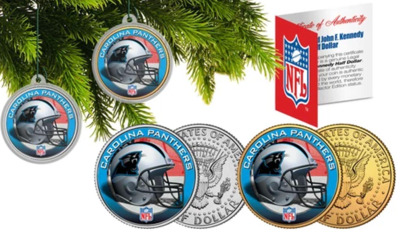 Panthers Set of (2) Christmas Tree Ornaments JFK Half Dollar Coins at PristineAuction.com Panthers Set of (2) Christmas Tree Ornaments JFK Half Dollar Coins at PristineAuction.com