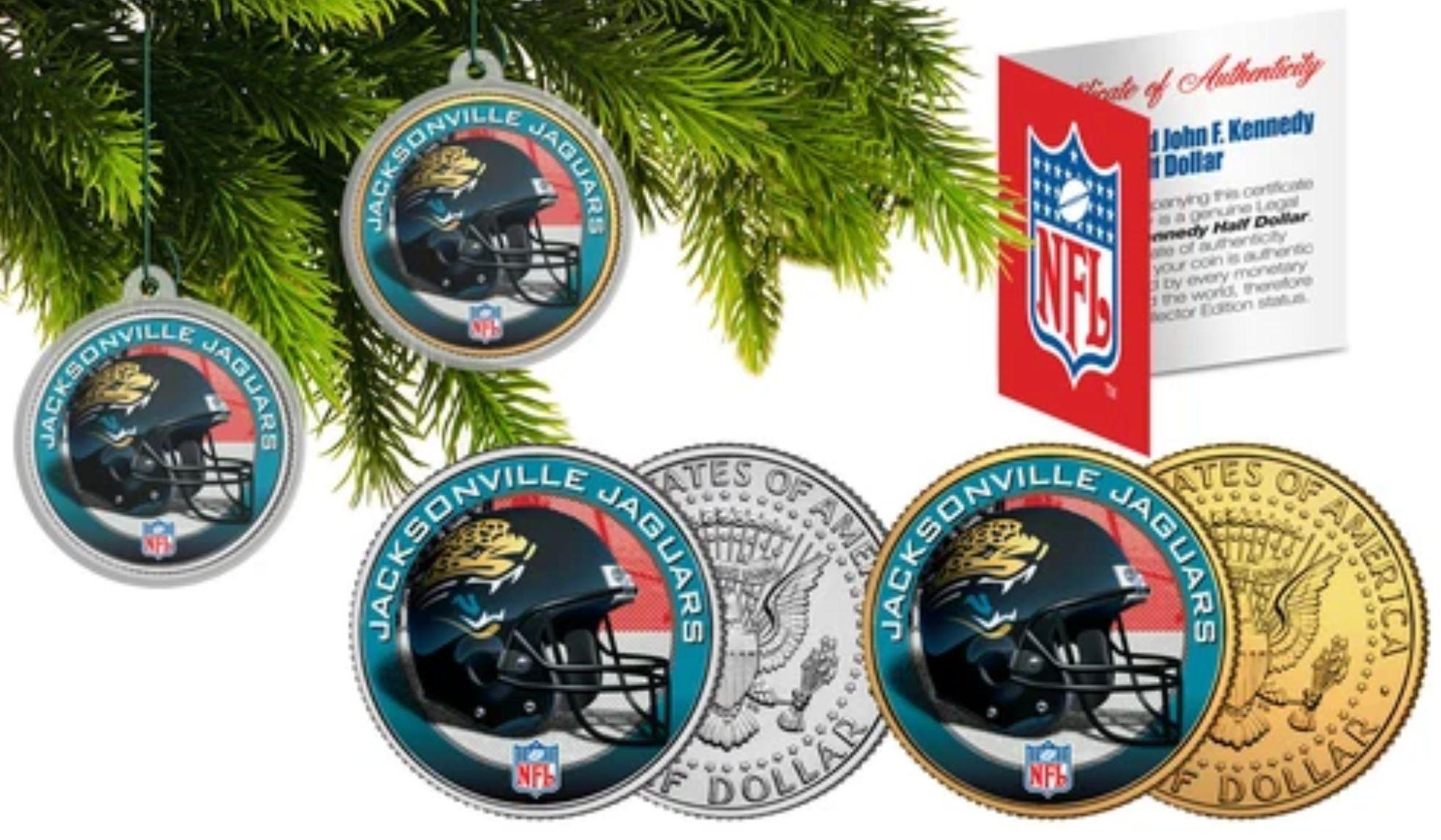 Jaguars Set of (2) Christmas Tree Ornaments JFK Half Dollar Coins at PristineAuction.com Jaguars Set of (2) Christmas Tree Ornaments JFK Half Dollar Coins at PristineAuction.com