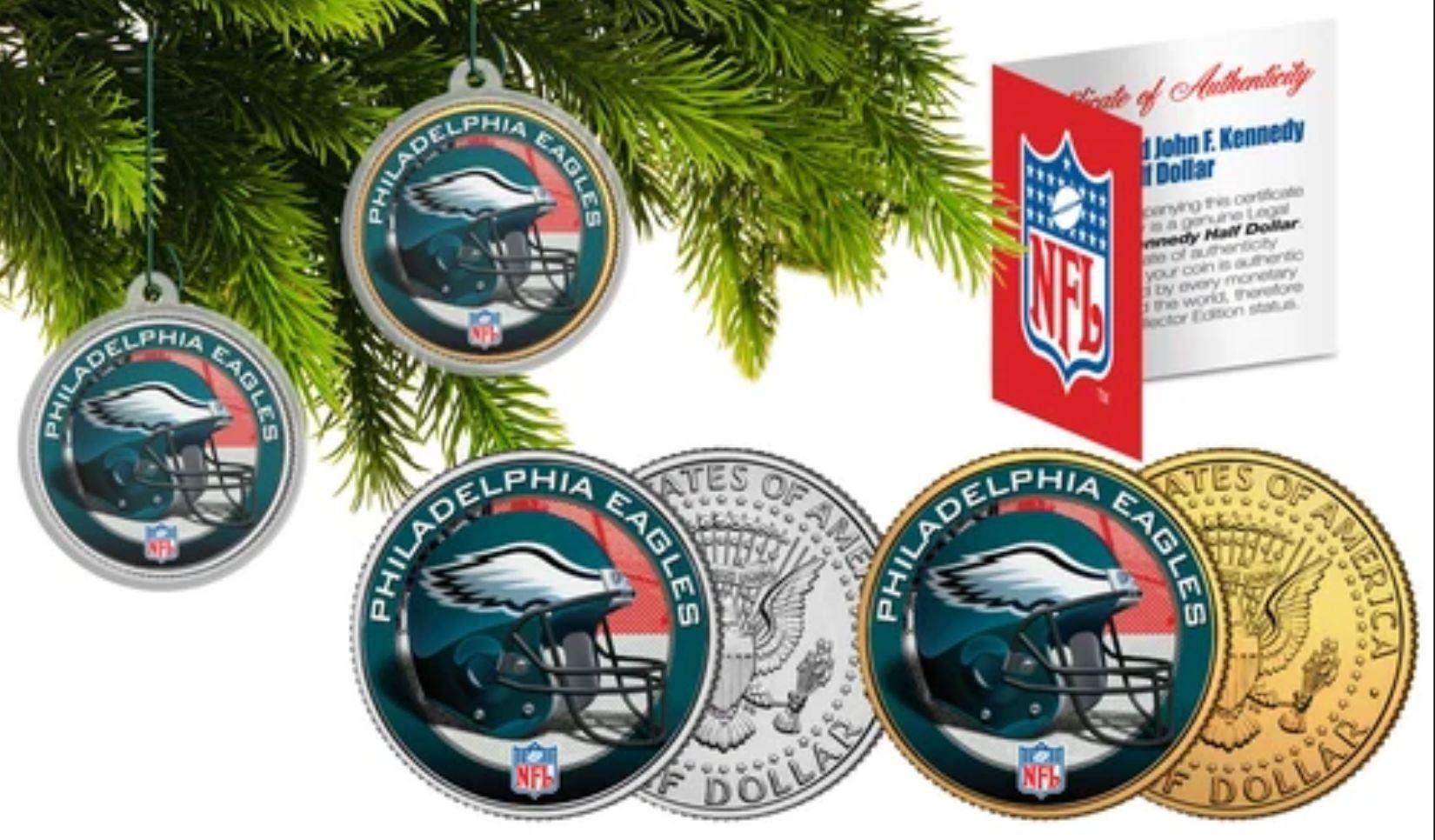 Eagles Set of (2) Christmas Tree Ornaments JFK Half Dollar Coins at PristineAuction.com Eagles Set of (2) Christmas Tree Ornaments JFK Half Dollar Coins at PristineAuction.com