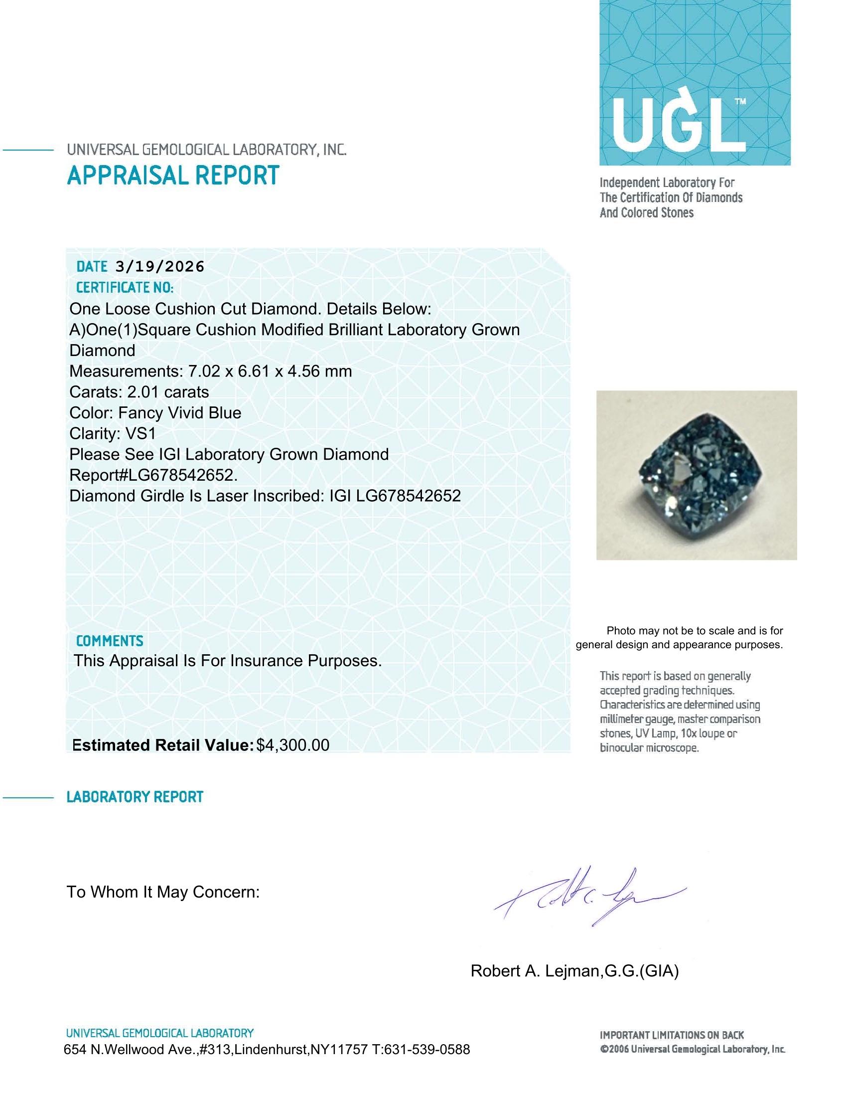 2.01 Carats Lab Grown FANCY VIVID BLUE Diamond Loose VS1 | $4,300 Estimated Retail Value (UGL & IGI Certs) at PristineAuction.com 2.01 Carats Lab Grown FANCY VIVID BLUE Diamond Loose VS1 | $4,300 Estimated Retail Value (UGL & IGI Certs) at PristineAuction.com