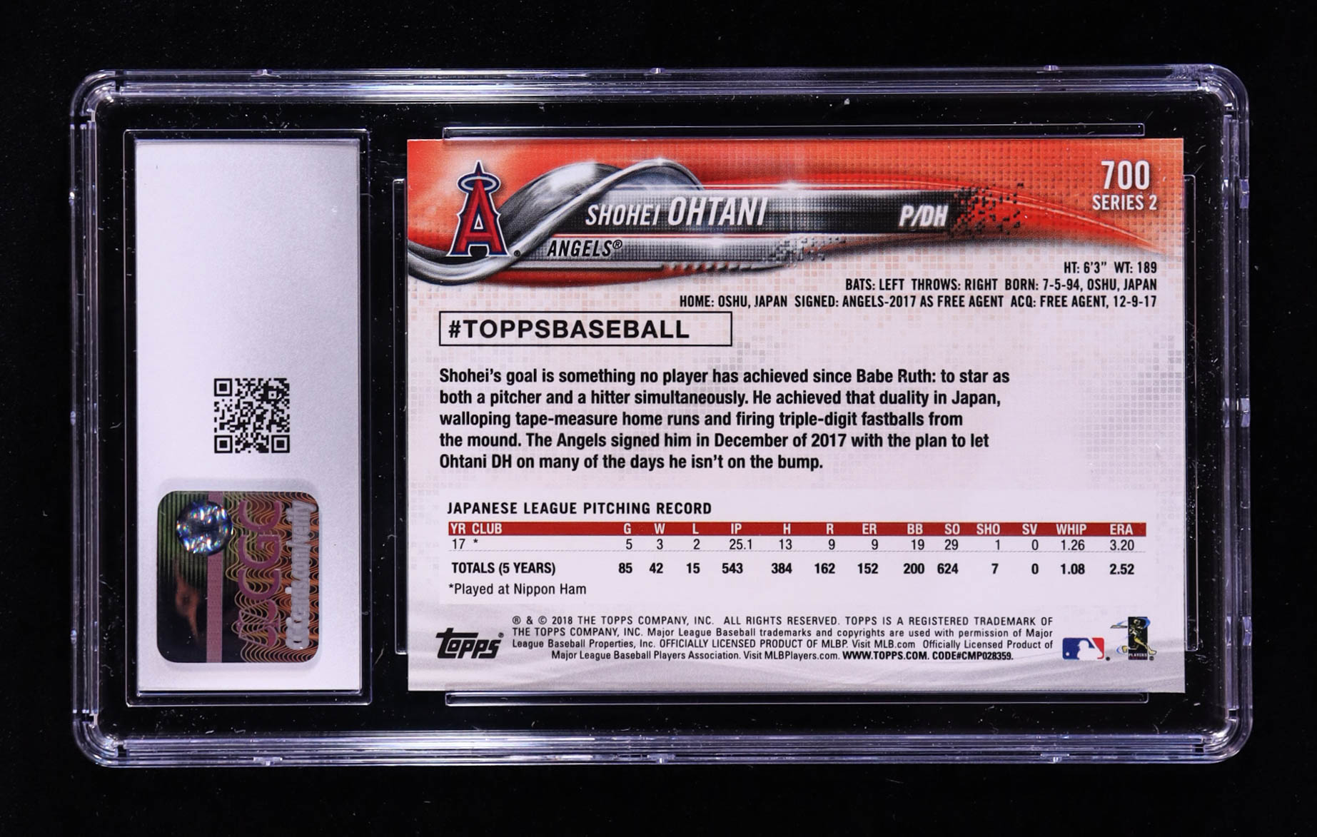 Shohei Ohtani 2018 Topps #700 RC (CGC 10) at PristineAuction.com Shohei Ohtani 2018 Topps #700 RC (CGC 10) at PristineAuction.com