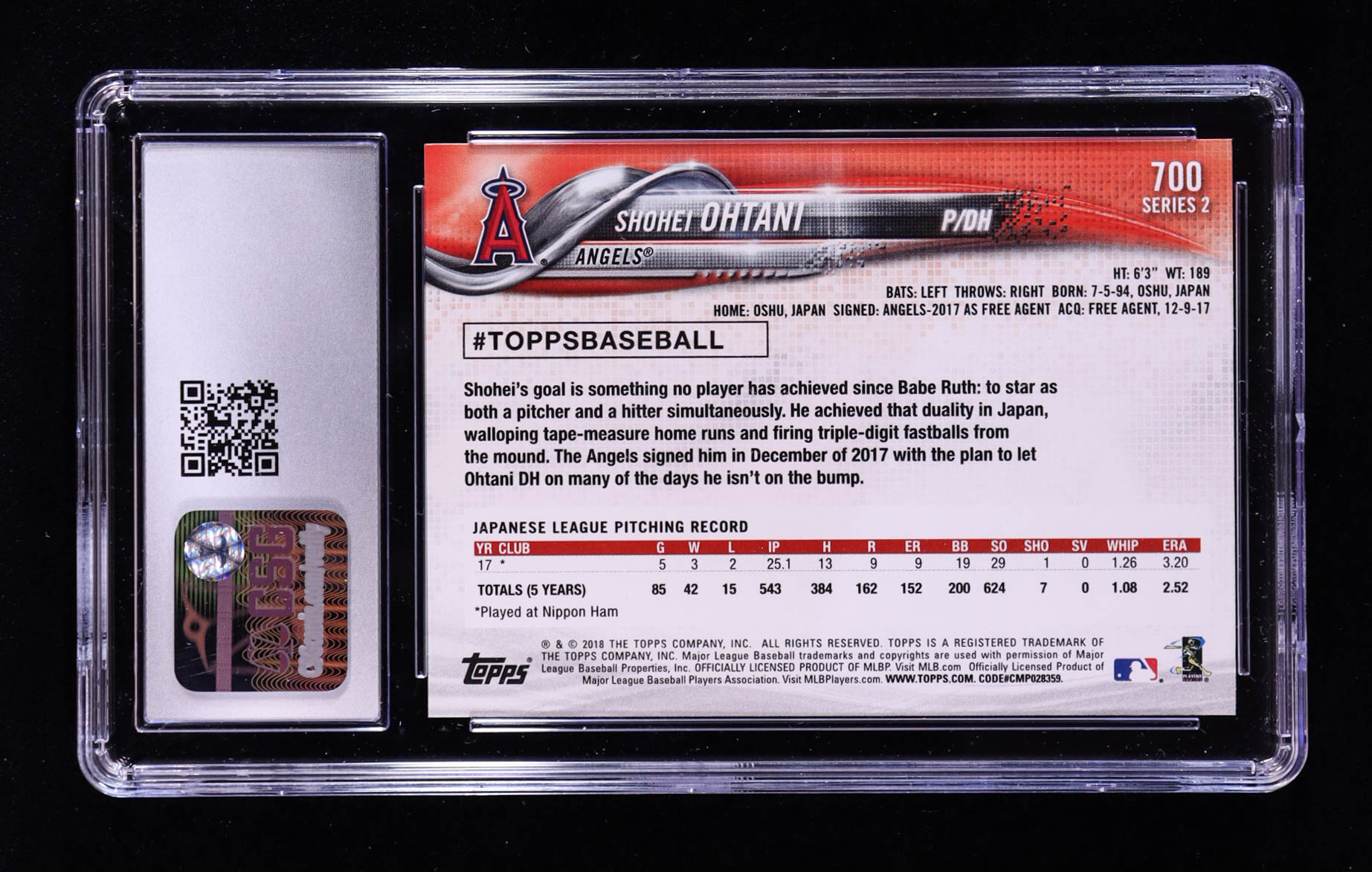 Shohei Ohtani 2018 Topps #700 RC (CSG 10) at PristineAuction.com Shohei Ohtani 2018 Topps #700 RC (CSG 10) at PristineAuction.com