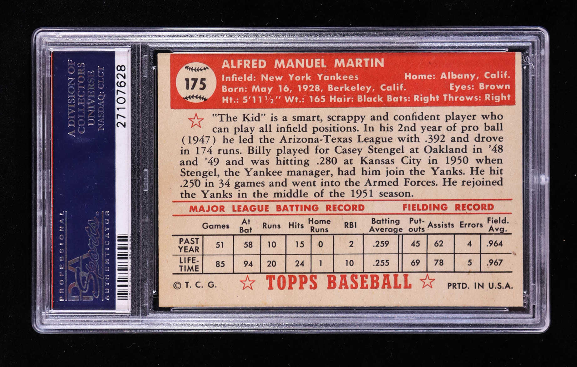 Billy Martin 1952 Topps #175 (PSA 7) (OC) at PristineAuction.com Billy Martin 1952 Topps #175 (PSA 7) (OC) at PristineAuction.com