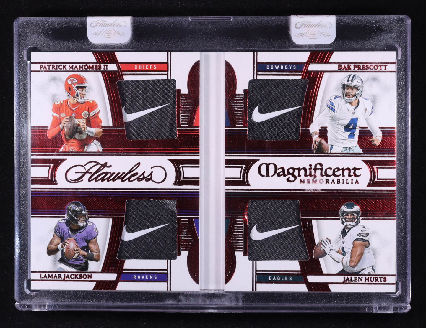 Patrick Mahomes II / Dak Prescott / Jalen Hurts / Lamar Jackson 2023 Panini Flawless Magnificent Memorabilia Brand Logo #2 #1/2 at PristineAuction.com Patrick Mahomes II / Dak Prescott / Jalen Hurts / Lamar Jackson 2023 Panini Flawless Magnificent Memorabilia Brand Logo #2 #1/2 at PristineAuction.com
