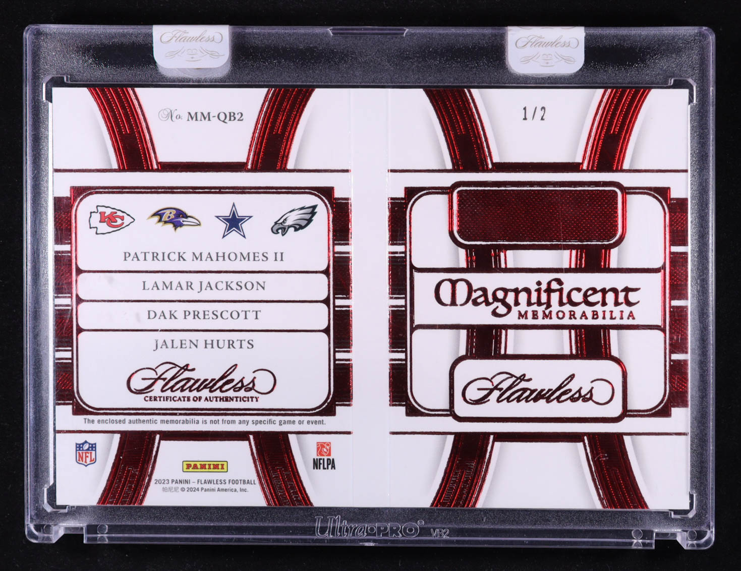 Patrick Mahomes II / Dak Prescott / Jalen Hurts / Lamar Jackson 2023 Panini Flawless Magnificent Memorabilia Brand Logo #2 #1/2 at PristineAuction.com Patrick Mahomes II / Dak Prescott / Jalen Hurts / Lamar Jackson 2023 Panini Flawless Magnificent Memorabilia Brand Logo #2 #1/2 at PristineAuction.com
