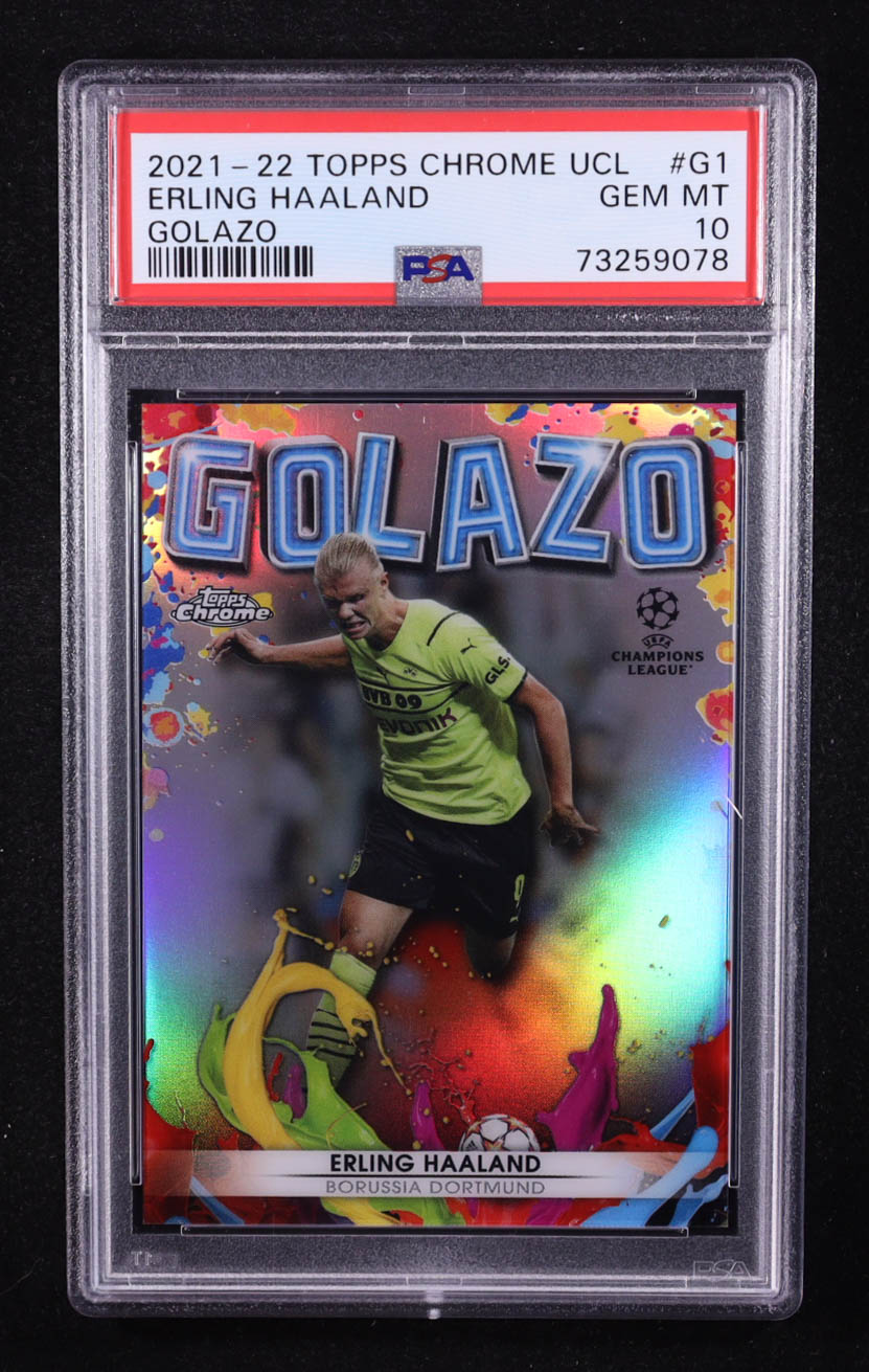 Erling Haaland 2021-22 Topps Chrome UEFA Champions League Golazo #G1 (PSA 10) at PristineAuction.com Erling Haaland 2021-22 Topps Chrome UEFA Champions League Golazo #G1 (PSA 10) at PristineAuction.com