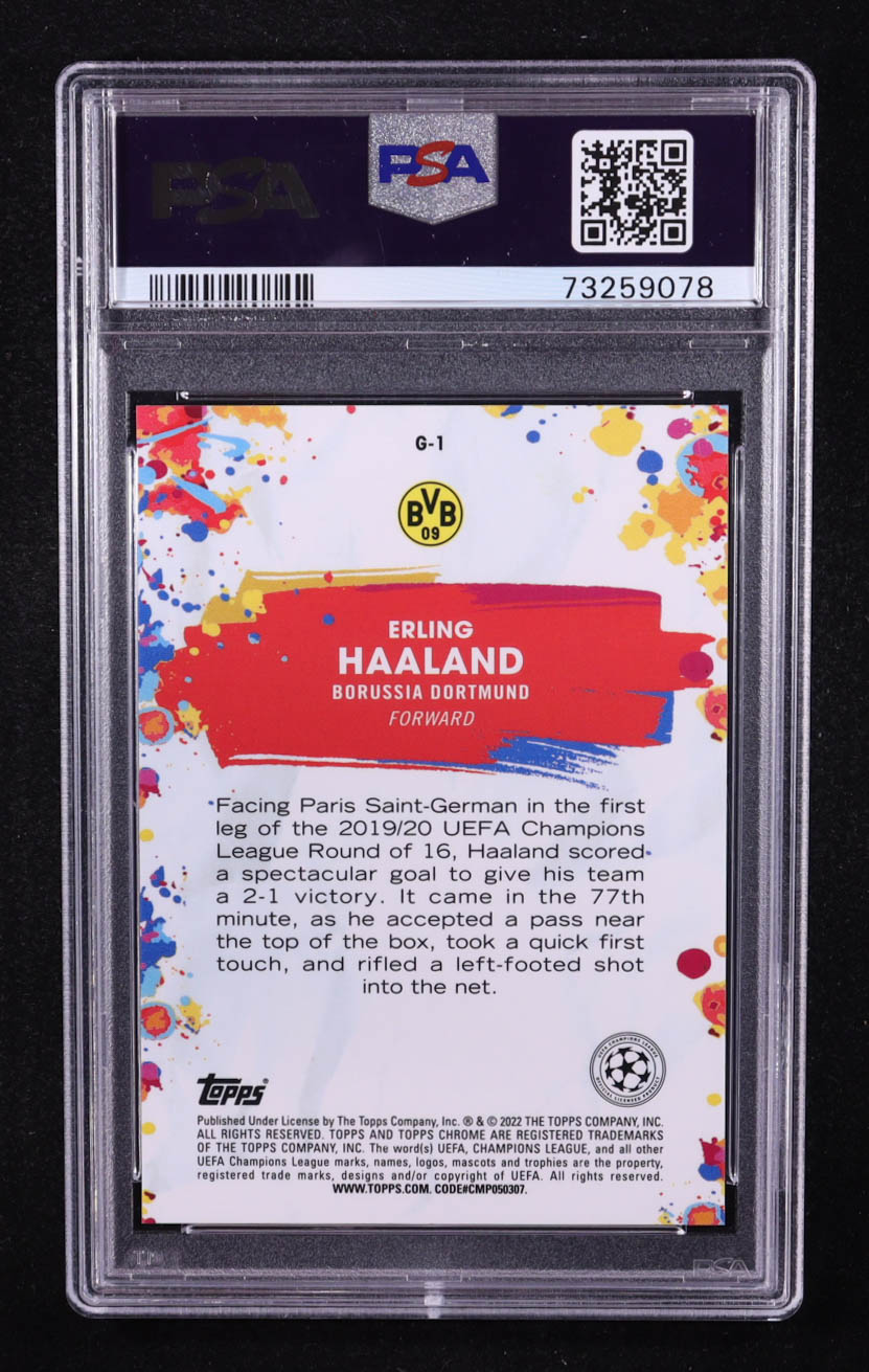 Erling Haaland 2021-22 Topps Chrome UEFA Champions League Golazo #G1 (PSA 10) at PristineAuction.com Erling Haaland 2021-22 Topps Chrome UEFA Champions League Golazo #G1 (PSA 10) at PristineAuction.com