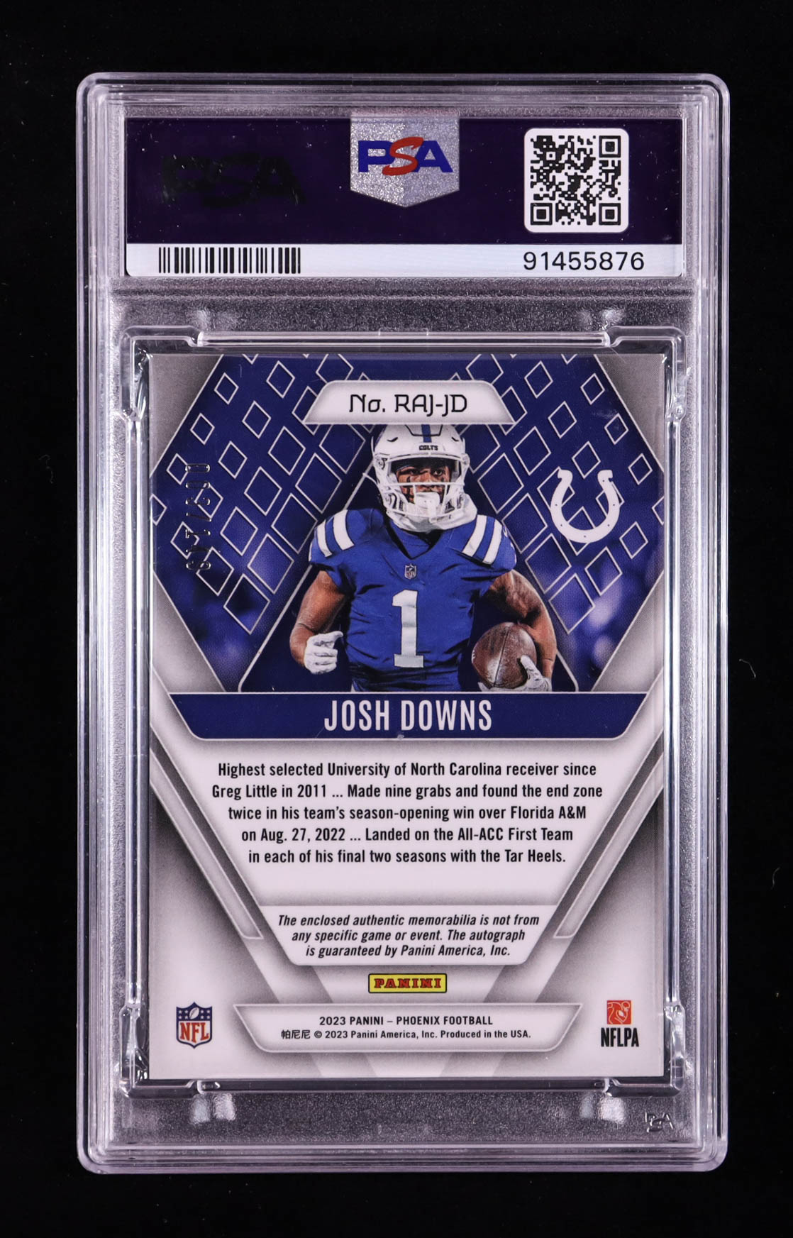 Josh Downs 2023 Panini Phoenix Rookie Premiere Jersey Autographs Orange #25 RC #003/149 (PSA 10) at PristineAuction.com Josh Downs 2023 Panini Phoenix Rookie Premiere Jersey Autographs Orange #25 RC #003/149 (PSA 10) at PristineAuction.com